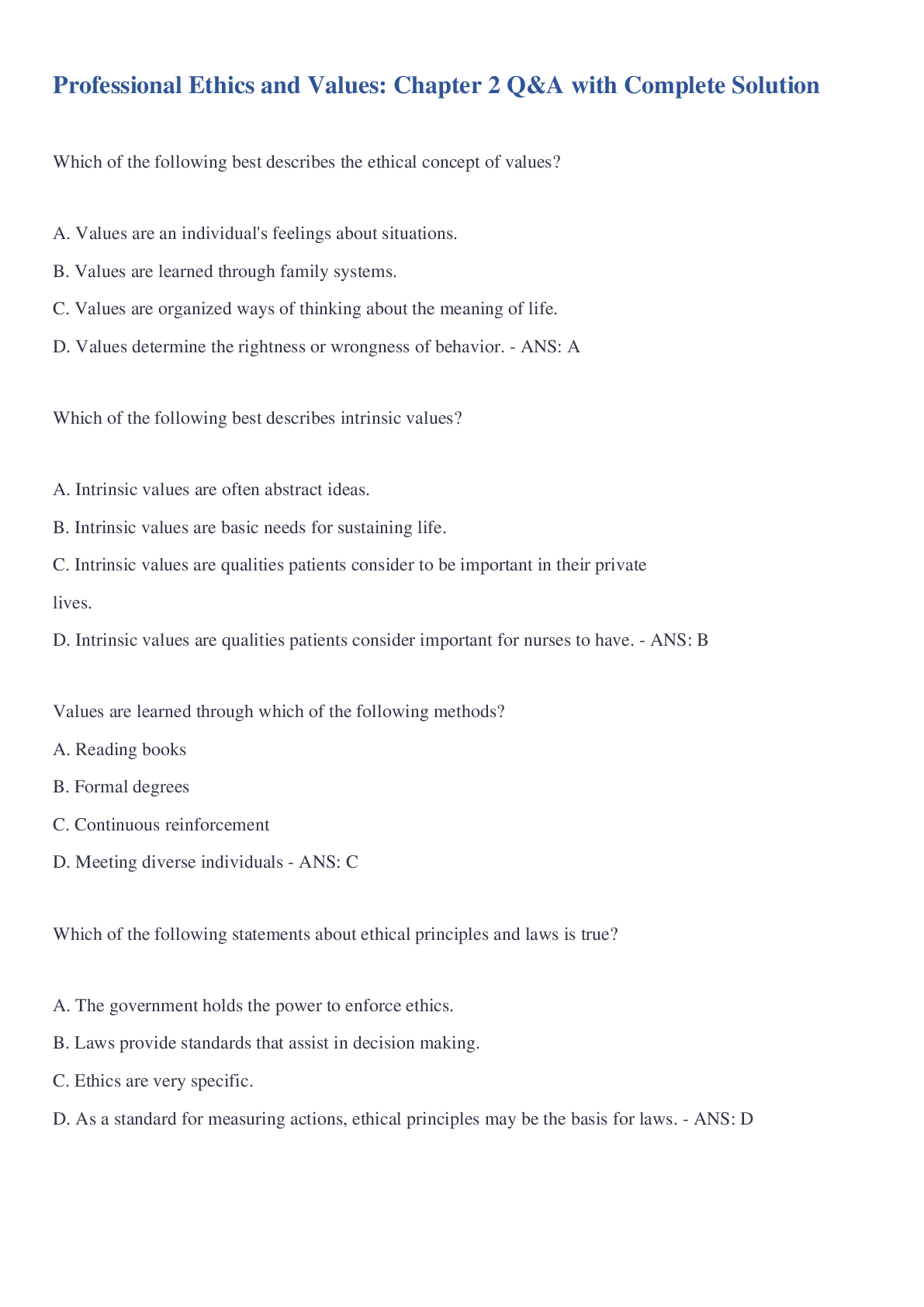 Preview image for Professional Ethics and Values: Chapter 2 Q&A with Complete Solution